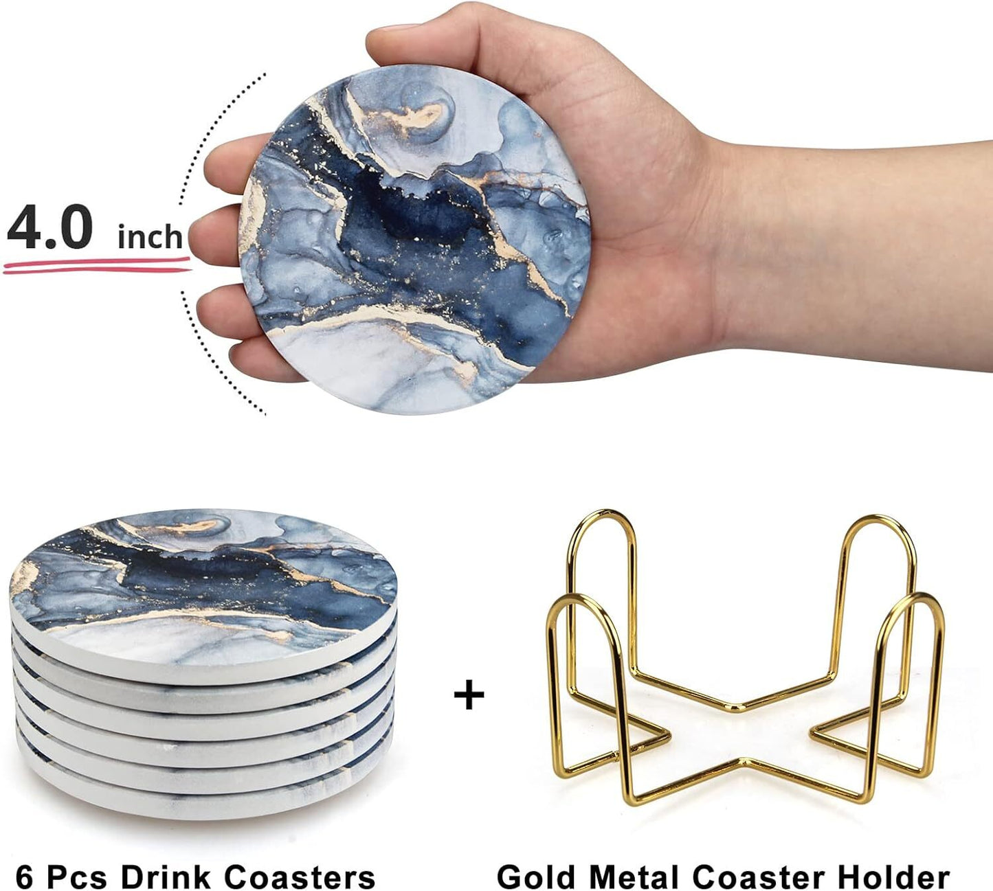 Coasters Set of 6, Navy Blue Marble Abstract round Ceramic Coasters with Holder,