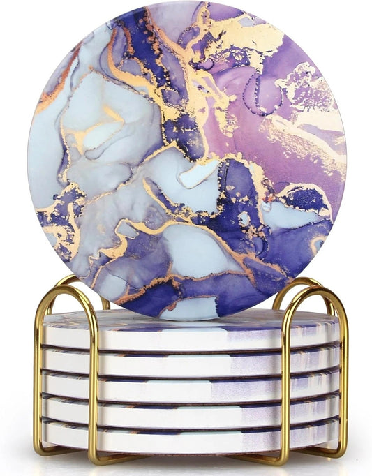 Purple Agate Coasters with Holder Drink Coaster Set of 6 Modern Marble Coasters