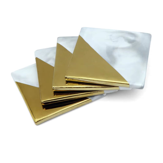 4Pcs/Set Luxury Marble Gold Plated Ceramic Coasters Geometric Porcelain Cup Mat Waterproof Heat-Insulated Pad Table Decoration
