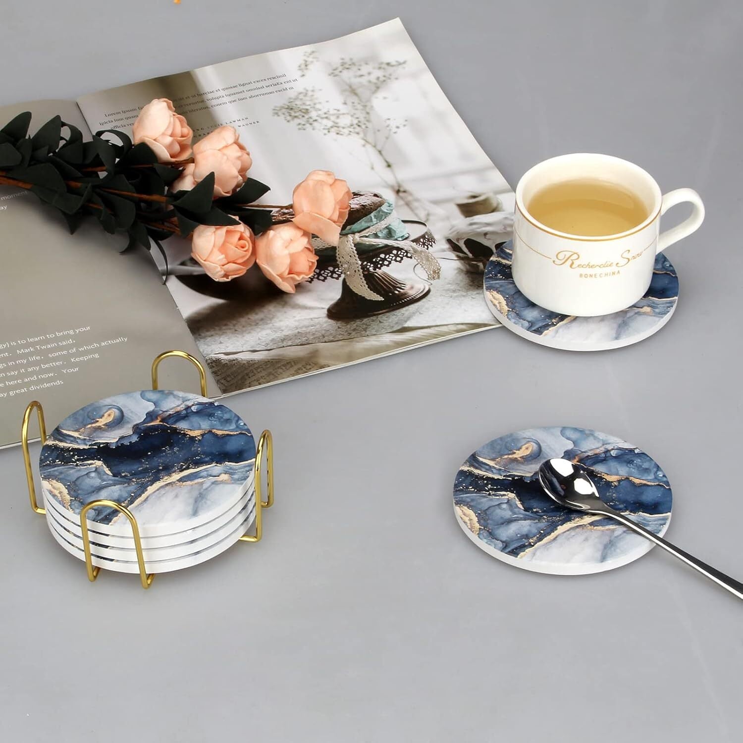 Coasters Set of 6, Navy Blue Marble Abstract round Ceramic Coasters with Holder,