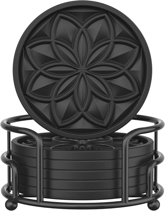 Drink Coasters Set of 6 Packs with Holder,  round Black BPA Free Silicone with Non-Slip Bottom Fits Any Size Cup Mug or Glasses (Black)