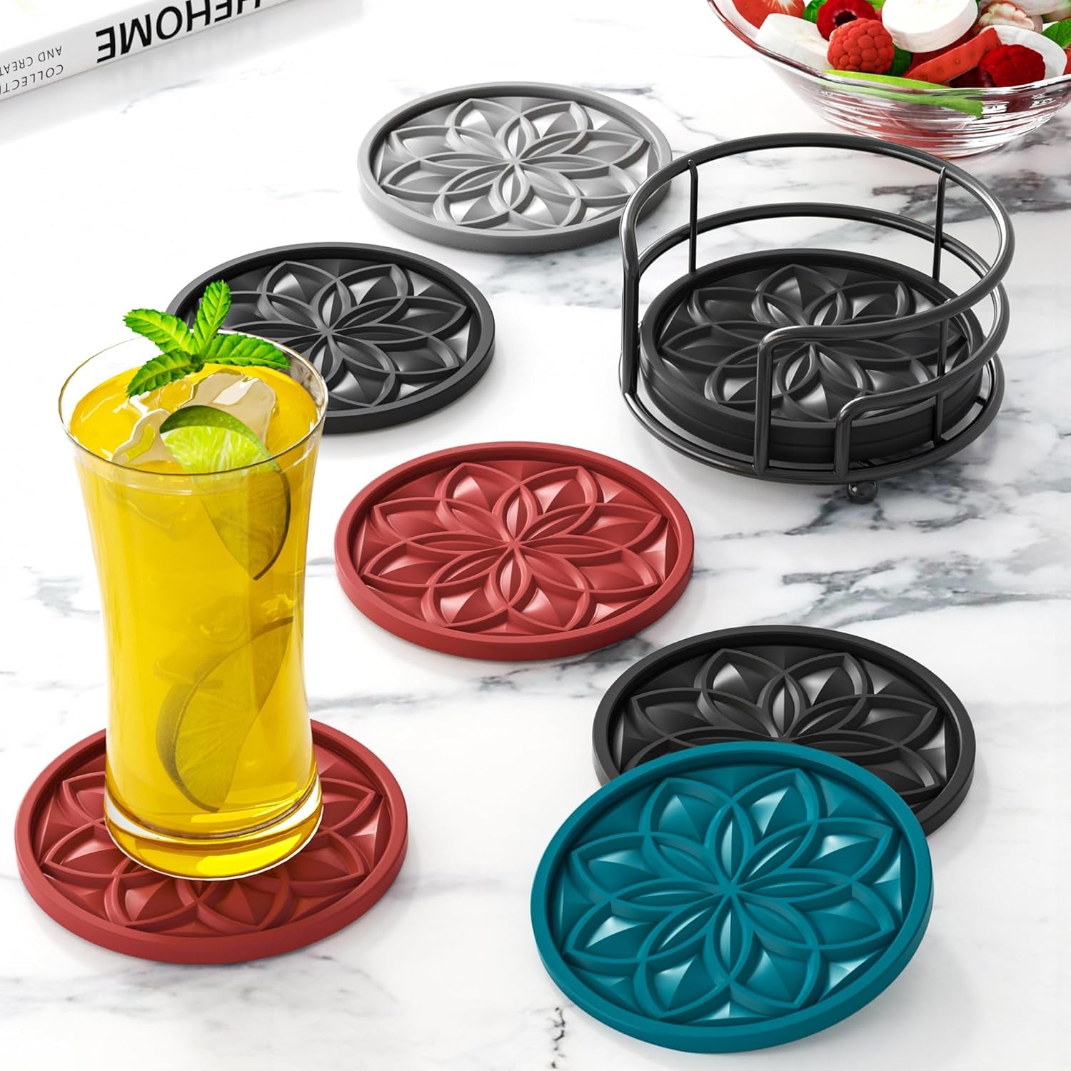 Drink Coasters Set of 6 Packs with Holder,  round Black BPA Free Silicone with Non-Slip Bottom Fits Any Size Cup Mug or Glasses (Black)