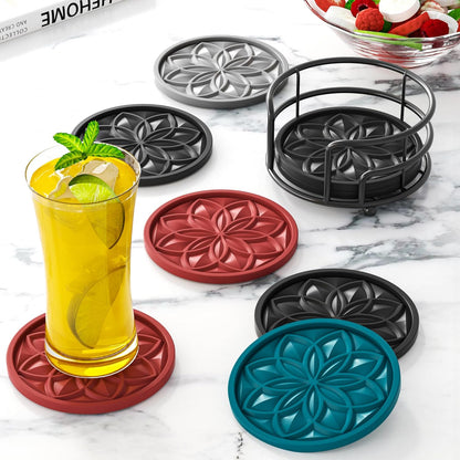 Drink Coasters Set of 6 Packs with Holder,  round Black BPA Free Silicone with Non-Slip Bottom Fits Any Size Cup Mug or Glasses (Black)