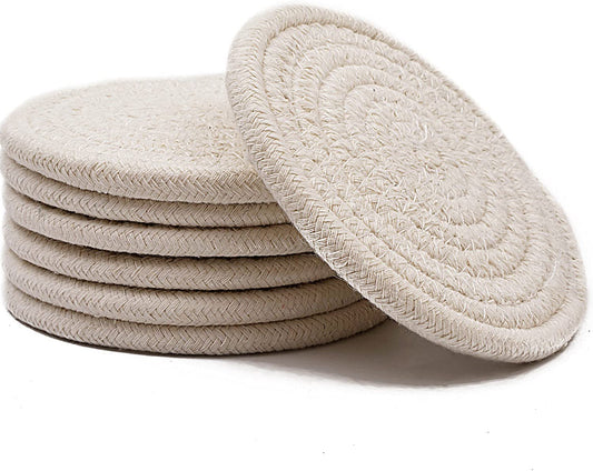 Absorbent Drink Coasters Handmade Braided Drink Coasters 6 Pack (4.3 Inch, Round, 8Mm Thick) Super Absorbent Heat-Resistant Coasters for Drinks Great Housewarming Gift (Beige, 6 Pack)