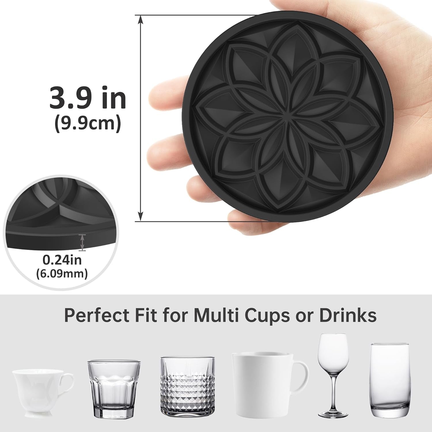 Drink Coasters Set of 6 Packs with Holder,  round Black BPA Free Silicone with Non-Slip Bottom Fits Any Size Cup Mug or Glasses (Black)