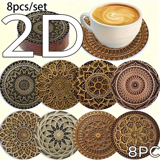 8 Pieces 2D Wooden Coasters Bohemian Style Spinning Pattern Theme Desktop Heat Mats Home Decor Coffee Cup Coasters for Office