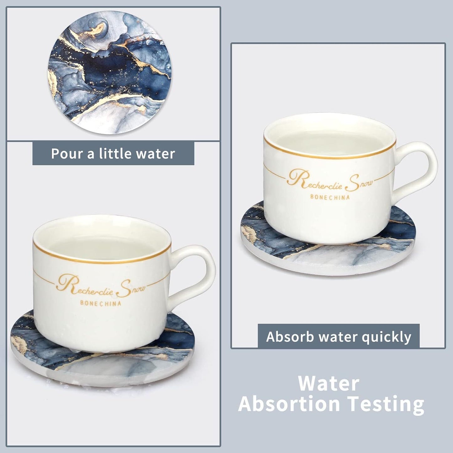 Coasters Set of 6, Navy Blue Marble Abstract round Ceramic Coasters with Holder,
