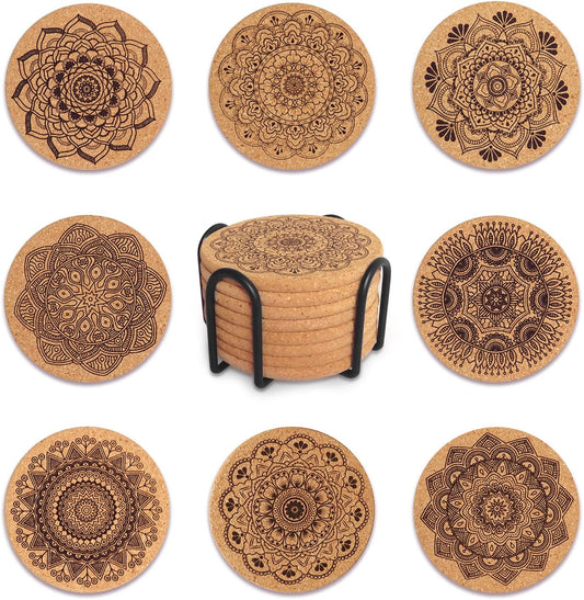 Cork Coasters, 8 Pcs Extra Thick Cork Coasters with Holder, Farmhouse Coasters for Coffee Table, Wooden Table, Heat-Resistant Coasters for Drinks
