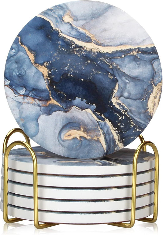 Coasters Set of 6, Navy Blue Marble Abstract round Ceramic Coasters with Holder,