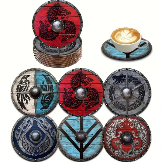 6 Pieces 2D Wooden Coasters Viking Warrior Shield Pattern Theme Desktop Heat Mats Home Decor Coffee Mug Coasters for Office