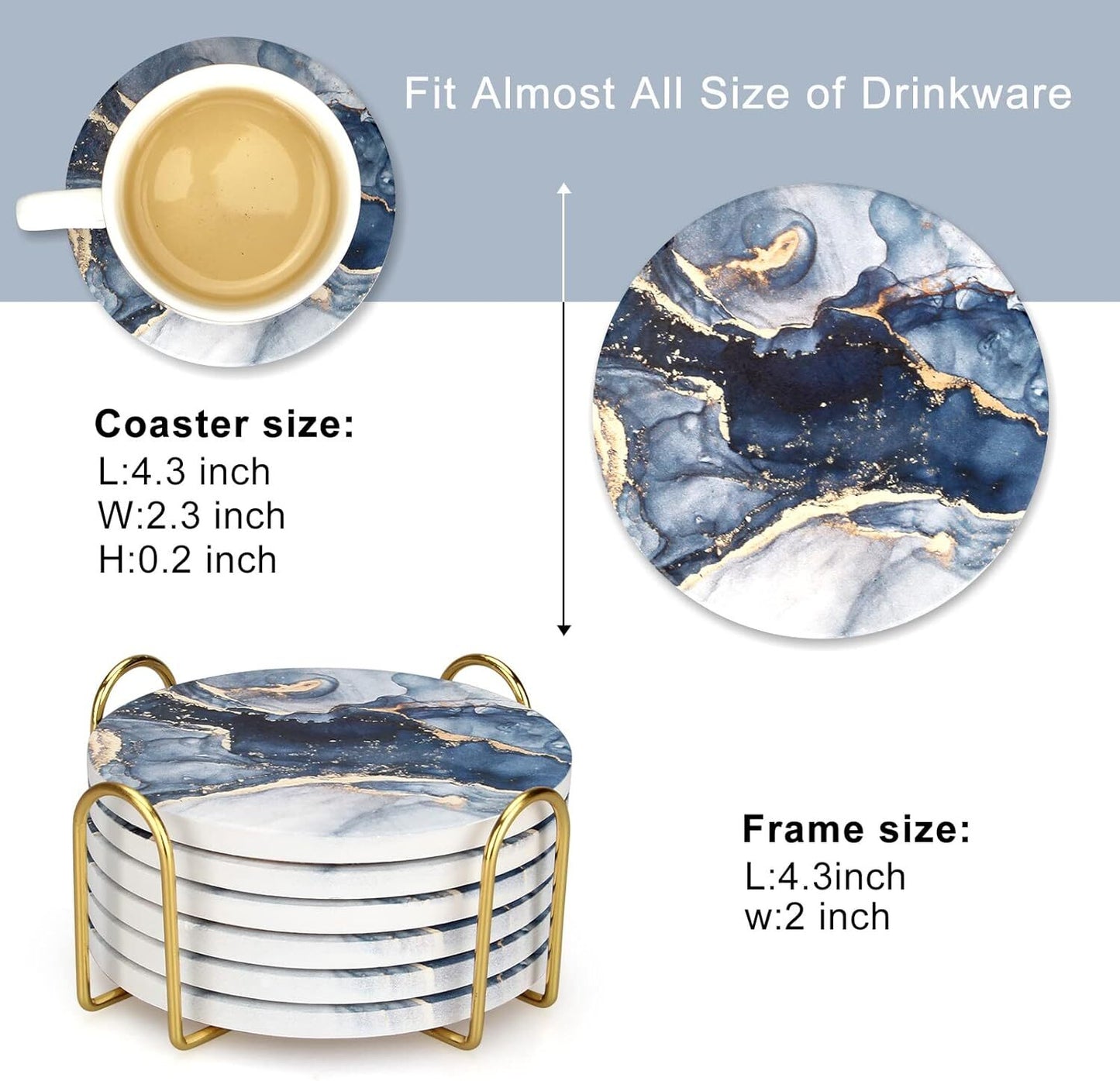 Coasters Set of 6, Navy Blue Marble Abstract round Ceramic Coasters with Holder,