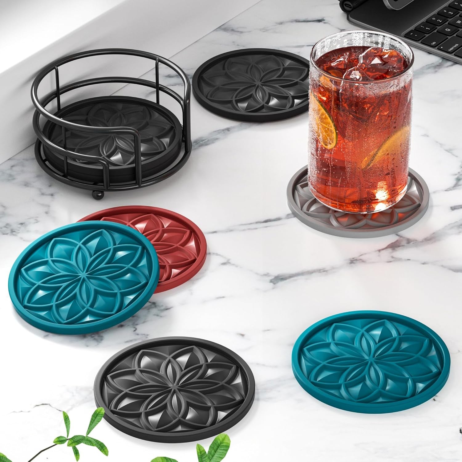 Drink Coasters Set of 6 Packs with Holder,  round Black BPA Free Silicone with Non-Slip Bottom Fits Any Size Cup Mug or Glasses (Black)