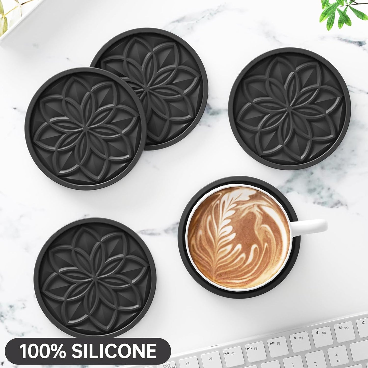 Drink Coasters Set of 6 Packs with Holder,  round Black BPA Free Silicone with Non-Slip Bottom Fits Any Size Cup Mug or Glasses (Black)